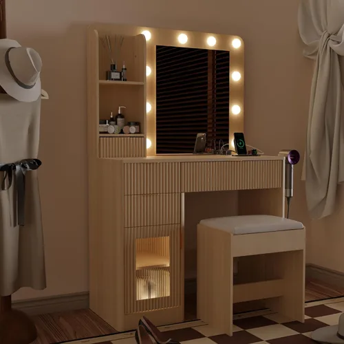 Miniatura 9 de Juego de tocador de maquillaje con espejo LED ajustable, 4 cajones, armarios de vidrio RGB, toma de corriente y taburete, tocador acanalado