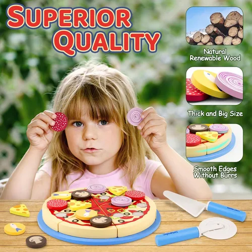Miniatura 3 de Conjunto de Comida de Juguete de Pizza de Madera - 24 Piezas de Juguetes de Corte, Accesorios de Cocina de Juego de Simulación para Niños Pequeños