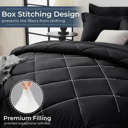 Miniatura 4 de HEVUMYI Juego de edredón negro tamaño King - Juego de 7 piezas para cama en una bolsa King para todas las estaciones, juego de ropa de cama ultra