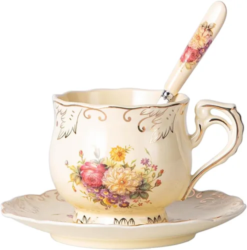 YOLIFE Juego de taza de té y platillo, juego de taza de té de 8 oz, taza de té, taza de té de cerámica con platillo y cuchara, arbustos florecidos