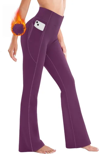 Ewedoos Pantalones con forro polar para mujer, pantalones térmicos con bolsillos, cintura alta, pantalones cálidos para mujer, pantalones de yoga