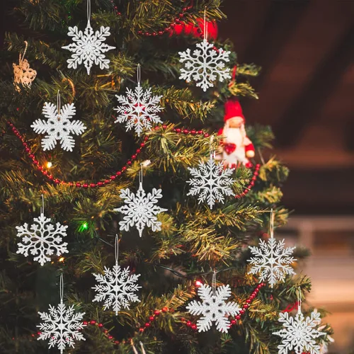 Miniatura 4 de MIAHART Paquete de 40 adornos de copos de nieve plateados de Navidad de 4 pulgadas, adornos de copos de nieve de plástico plateado con purpurina