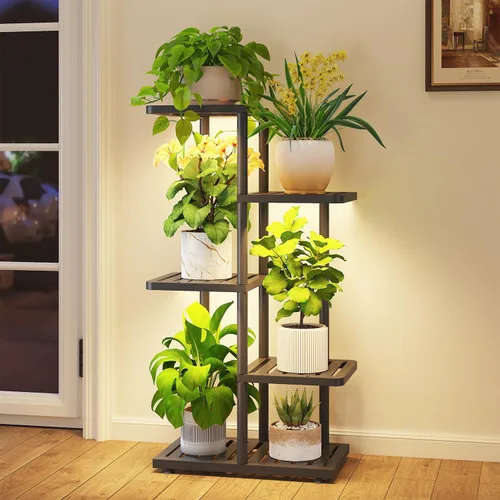 iDavosic.ly Soporte para plantas con luz de cultivo para interiores y exteriores, estante de flores de metal de 4 niveles para macetas grandes de