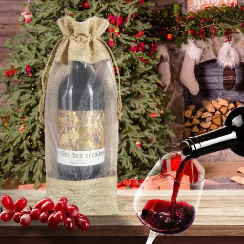 Miniatura 5 de HRX Package 10 piezas de bolsas de vino de arpillera con ventana transparente, bolsas de regalo de botella de tela de arpillera con cordón