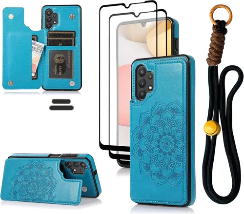 Funda tipo cartera para Galaxy A32 (5G) de 6.5 pulgadas con tarjetero, piel sintética con estampado de mandala en relieve con correa para la muñeca,