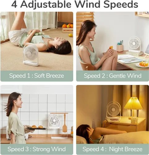 Miniatura 4 de JISULIFE Ventilador de escritorio, pequeño escritorio portátil con pilas y ventilador de mesa eléctrico recargable por USB de 4000 mAh con 4 Blanco
