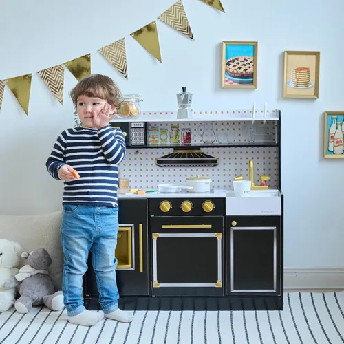 Miniatura 6 de Teamson Kids Juego de cocina de madera para niños pequeños con accesorios, juego de cocina simulada para niños de 3 años en adelante, juego de Negro