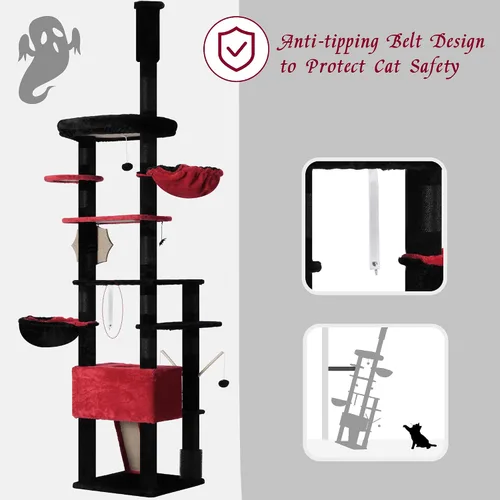 Miniatura 7 de Hey-brother Árbol gótico para gatos, de 98.4 a 110.2 pulgadas, de piso a techo, altura ajustable, torre de escalada alta para gatos grandes
