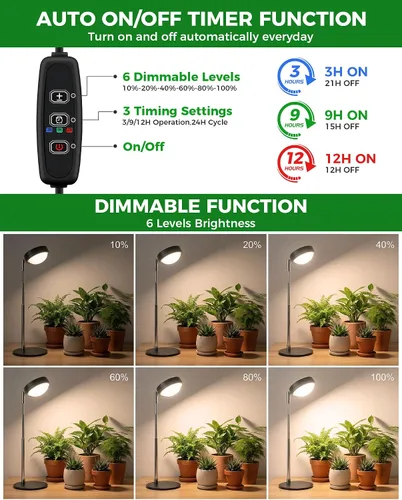 Miniatura 4 de Luz de cultivo de plantas, luces LED de espectro completo con base de metal, lámparas de cultivo de plantas de escritorio con temporizador