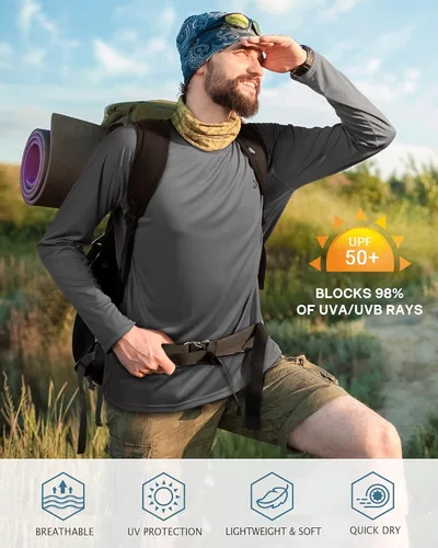 Miniatura 3 de Roadbox Camisas de Protección Solar UV UPF 50+ para Hombres Manga Larga SPF Rash Guard para Pesca Senderismo Natación Correr Paquete de 2 - Gris