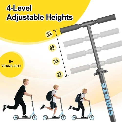 Miniatura 2 de SIMATE Patinete de impulso para niños, adolescentes y adultos, 4 alturas ajustables, ruedas grandes todo terreno de 8 pulgadas, plegable y ligero