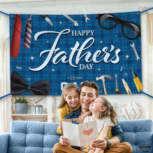 Miniatura 6 de KatchOn, Pancarta azul con texto en inglés «Happy Father's Day», extragrande, 72 x 44 pulgadas, decoración azul del día del padre para fiesta, telón