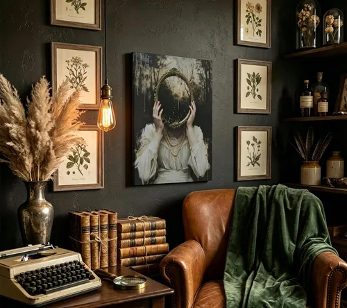 Miniatura 2 de Lienzo gótico victoriano para pared, mujer elegante con perlas y detalles de encaje, pintura, obra de arte Dark Academy, decoración de pared, Marrón