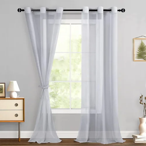 Miniatura 53 de Hiasan - Cortinas traslúcidas de gasa cortas semitransparentes con ojales y alzapaños filtrantes de luz para ventana, dormitorio, baño, 2 paneles