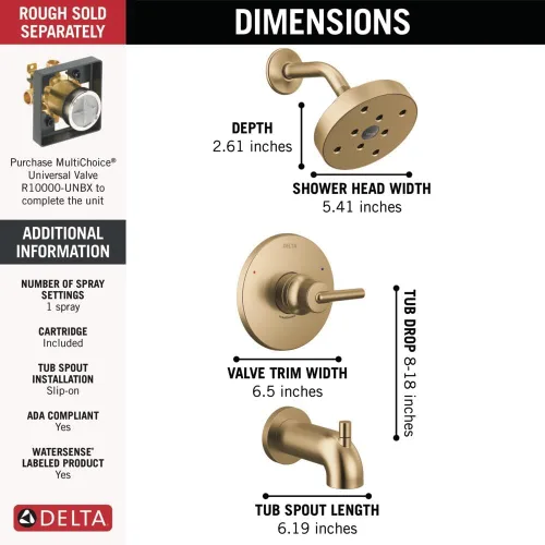 Miniatura 4 de Delta Faucet Trinsic Serie 14 Juego de molduras de bañera y ducha de una sola función con cabezal de ducha H2Okinetic de un solo pulverizador