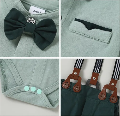 Miniatura 5 de SOLOYEE Ropa para bebé niño trajes de caballero para bebés, vestido de manga larga, pantalones con tirantes, corbatín, boina, sombrero de boina