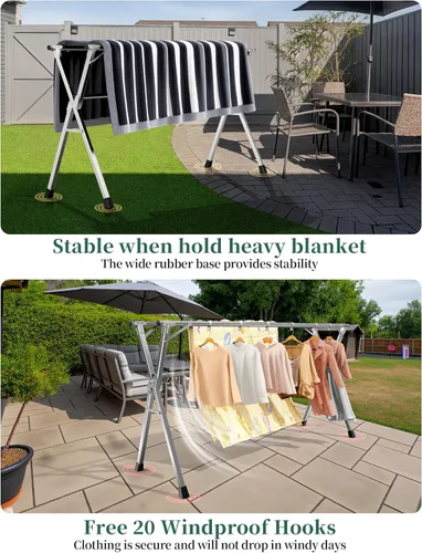 Miniatura 4 de Estante de secado plegable de acero inoxidable de 63 pulgadas para interiores y exteriores, antioxidante, 20 ganchos resistentes al viento, estante