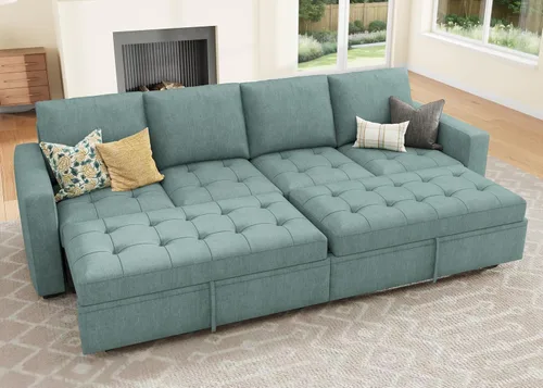 Miniatura 12 de HONBAY Sofá cama modular modular con cama extraíble, sofá en forma de L con asiento de almacenamiento, sofás seccionales para sala de estar, beige