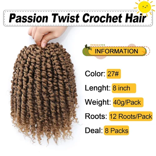Miniatura 3 de Cabello Passion Twist de 8 pulgadas, 8 paquetes, cabello de ganchillo pretrenzado para mujeres negras, cabello rizado de ganchillo preenlazado, 27#