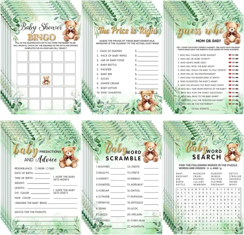 Miniatura 8 de Jetec Juego de 302 piezas para baby shower con temática de oso, 6 juegos que incluyen sopa de letras de baby shower, búsqueda de palabras