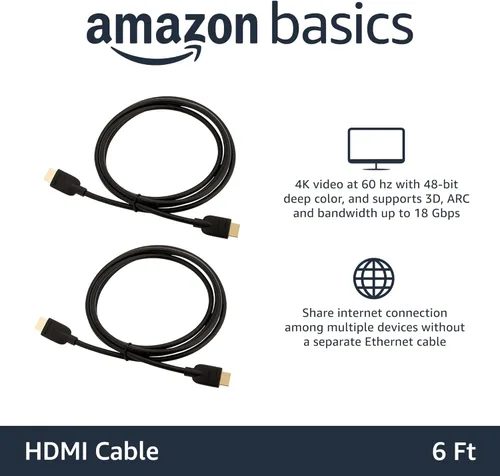 Miniatura 2 de Amazon Basics Cable HDMI, paquete de 2, 6 pies, 4K @60Hz, cable HDMI 2.0 4K de alta velocidad (18 Gbps), 2160p, 48 bits, compatible