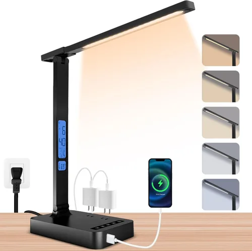Miniatura 12 de snsok Lámpara de escritorio con cargador inalámbrico, puerto de carga USB, luz de escritorio de oficina regulable con reloj, alarma, fecha, Blanco