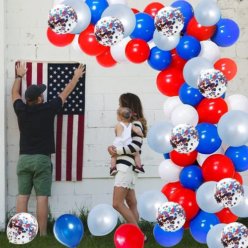 Miniatura 6 de Arco de globos rojos, blancos y azules, 130 unidades, guirnalda de globos azul claro azul claro y blanco con globos de confeti para béisbol, 4