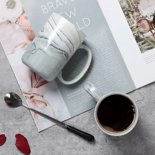 Miniatura 5 de M068 - Tazas de café de mármol de 14 onzas, novedosas tazas de cerámica de mármol para el hogar y la oficina, aptas para microondas y lavavajillas