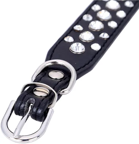 Miniatura 5 de Dogs Kingdom Collares de cuero con diamantes de imitación personalizados de 10 a 24 pulgadas de longitud, para razas pequeñas y medianas, color Negro