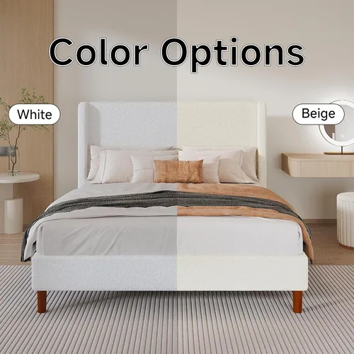 Miniatura 9 de Marco de cama Full Boucle, cama de plataforma con cabecera tapizada con respaldo de ala, fuerte soporte de listones de madera, sin ruido, no Beige