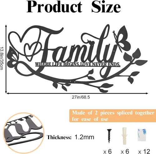 Miniatura 2 de AUHOKY Family Where Life Begins Love Never Ends - Letrero de metal para pared, 27 x 14 pulgadas, gran placa de hierro negro para pared, decoración