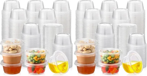 AOZITA 200 juegos – Vasos de gelatina de 2 onzas, tazas de porciones con tapas, recipientes de plástico pequeños herméticos y apilables (paquete de