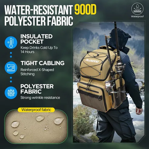 Miniatura 8 de PLUSINNO - Mochila de pesca con portacañas y enfriador de 45L, mochila grande resistente al agua para aparejos de pesca, ideal para guardar