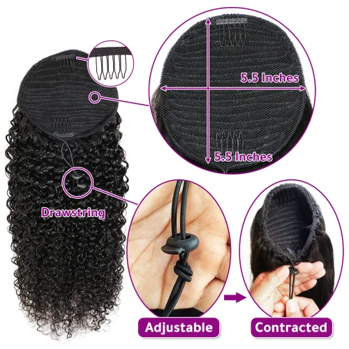 Miniatura 4 de Adette Colas de caballo rizadas de 12 pulgadas, extensiones de cabello humano con cordón, extensiones de cabello rizado con clip en cola de caballo