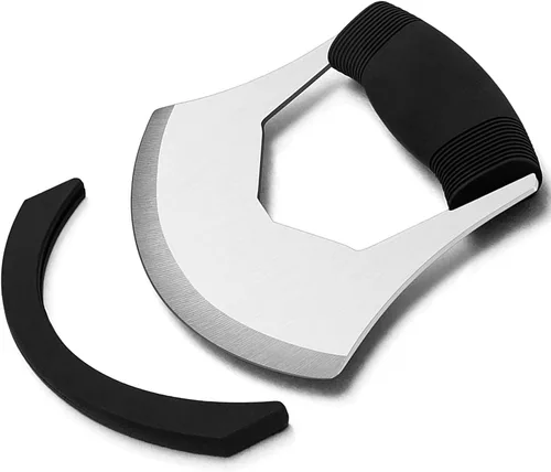 KAYCROWN Mezzaluna Cuchillo cortador de pizza picador de ensalada – Cuchillo de acero inoxidable afilado Ulu con cubierta protectora para cortador