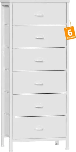 Furnulem - Cómoda alta blanca para dormitorio, unidad de almacenamiento vertical y mesa auxiliar con 6 cajones de tela, mueble de mesita de noche