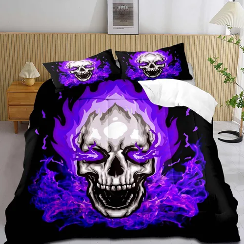 Miniatura 8 de LUVIVIHOME Juego de edredón de 3 piezas de calavera, tamaño King, negro, cuervo, murciélago, telaraña, esqueleto, gótico, calavera, blanco