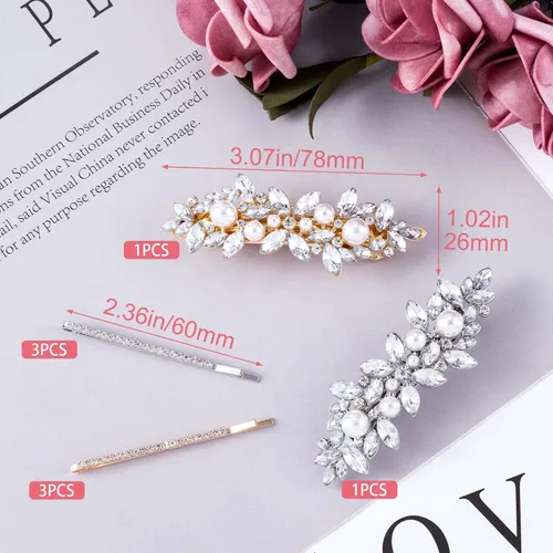 Miniatura 2 de HINZIC 2 pasadores de pelo con perlas, 6 pasadores de metal con diamantes de imitación brillantes, pinzas decorativas para boda, graduación, San