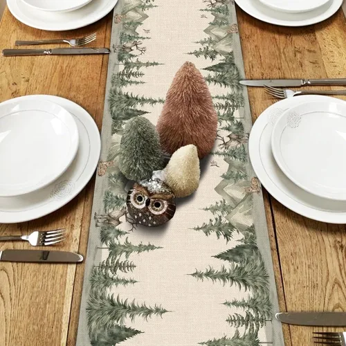 Miniatura 4 de Seliem Camino de mesa de bosque invernal con renos y pinos, decoración de Navidad con alces acuarela gorrión para la cocina del hogar, decoración