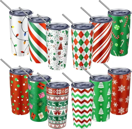 Miniatura 10 de 12 Piezas Vasos Navideños de Regalo 20oz Vaso de Viaje Navideño Taza Navideña de Acero Inoxidable Aislado Taza de Café con Tapa y Pajita para Regalo