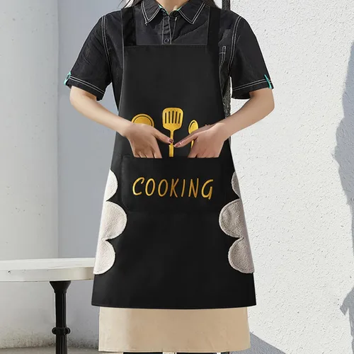 Miniatura 3 de Delantal de cocina para mujer con bolsillos para limpiar las manos, bolsillo grande, limpieza a mano, impermeable para cocinar y hornear, color negro