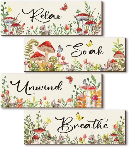 Miniatura 8 de 4 piezas de arte de pared floral de acuarela de hongos para decoración de baño, decoración de pared, para baño, mariposa, flores, pintura, ramo