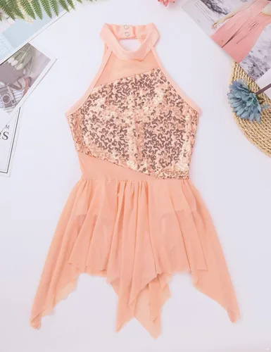 Miniatura 7 de YiZYiF Vestido de baile de lentejuelas para niños y niñas, leotardo de ballet, cuello alto, vestido lírico, traje de rendimiento irregular