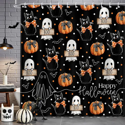 Mocsicka Cortina de ducha de Halloween con dibujos animados, fantasma, lindo gato negro, calabaza, cortina de ducha de baño, cortina de ducha de
