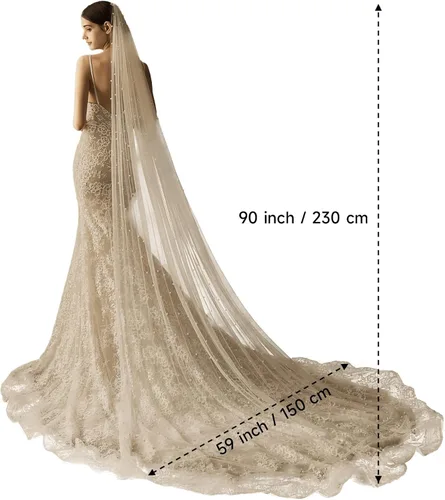 Miniatura 7 de AMBRE ADELE Cathedral Bridal Long Tulle Veil With Pearl, Wedding Veil for Brides