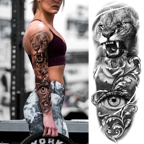 Miniatura 7 de Mangas temporales de tatuaje de bosque, brazo completo, lobo grande, león, animal, bosque, tribal, tatuajes falsos para hombres, mujeres y adultos