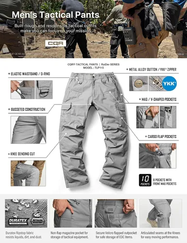 Miniatura 5 de CQR Pantalones tácticos para hombre, resistentes al agua, pantalones cargo Ripstop, ligeros EDC trabajo, senderismo, ropa para exteriores
