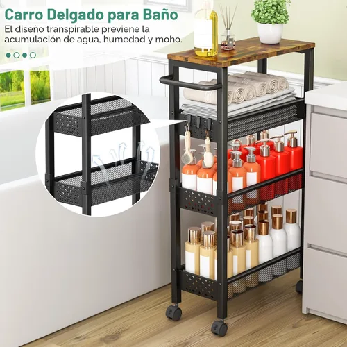 Miniatura 3 de Vivihomety Carrito de Almacenamiento Delgado Utilitario con Ruedas, Carrito Rodante Pequeño de 4 Niveles con Parte Superior de Madera, Carro