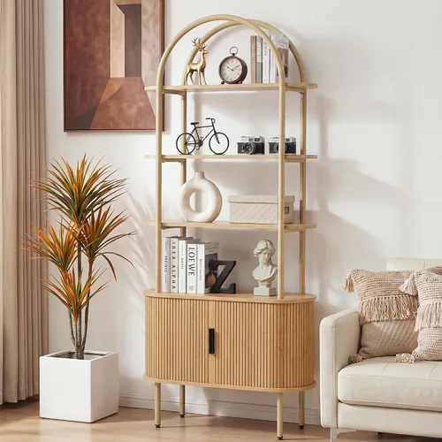 Miniatura 3 de Estantería arqueada acanalada de 71 pulgadas de alto con puertas correderas de tambor, mueble estantería curvo de metal moderno de mediados de siglo