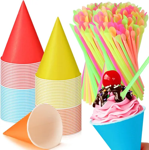 Miniatura 16 de Eaasty 200 tazas de cono de nieve y pajitas, cucharas de 4.5 onzas, popotes de papel desechables, cuchara de paja para aguanieve, helado afeitado